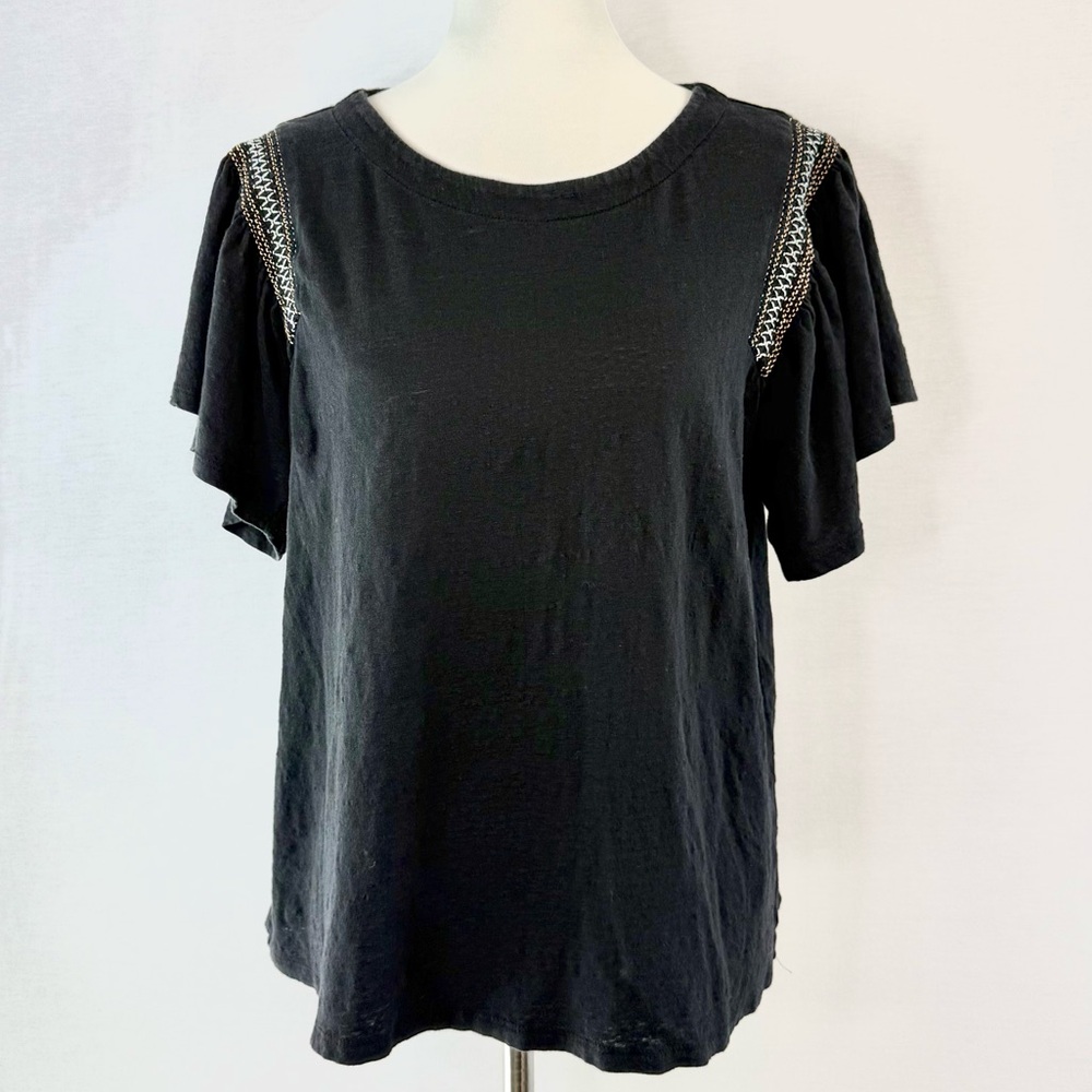 Ann Taylor Black Short Sleeve Embellished Shoulder Top